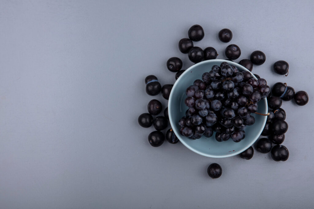 Fresh blueberries in ceramic bowl arranged for certification bio food compliant superfood photography and marketing