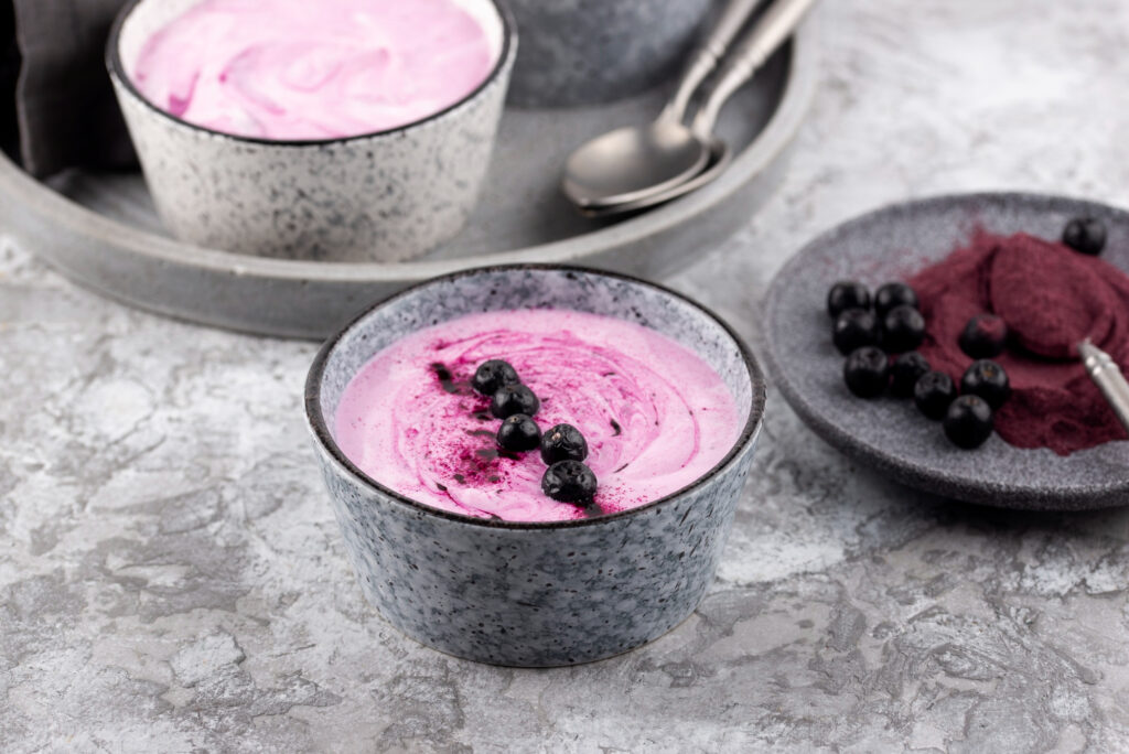 Açaí gastronomy fine dining dessert collection showcasing pink açaí mousse in speckled ceramic bowls with blackberry garnish on concrete surface