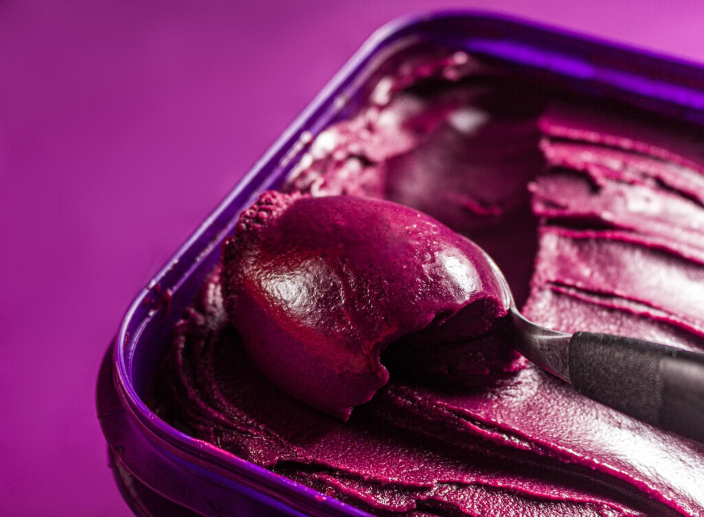Açaí sorbet scoop showing food tech healthy frozen dessert manufacturing precision